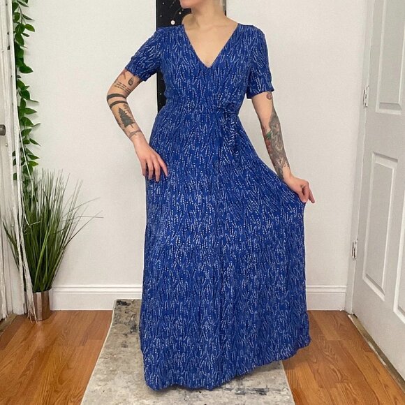 BA&SH Floral Wrap Short Sleeve Crepe Maxi Dress Tie-Waist Size S Blue - Picture 2 of 12